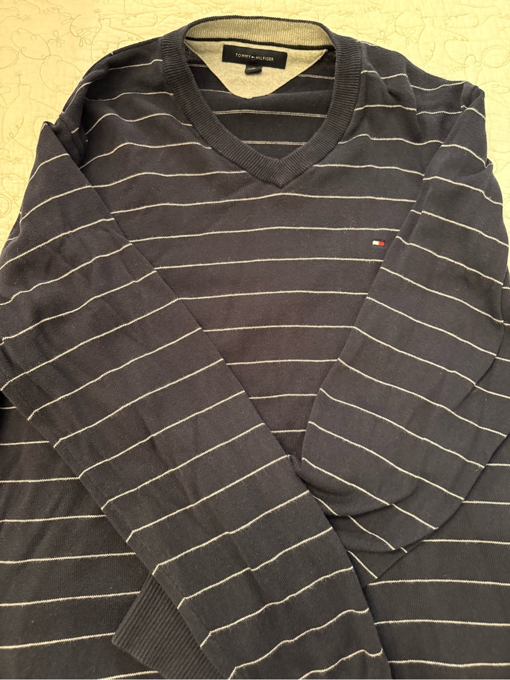 Tommy Hilfiger Navy V-Neck Striped Sweater with White Pinstripes XL